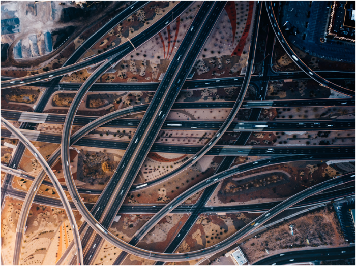 Panoramic view of multiple roads crossing and intersecting each other in a city